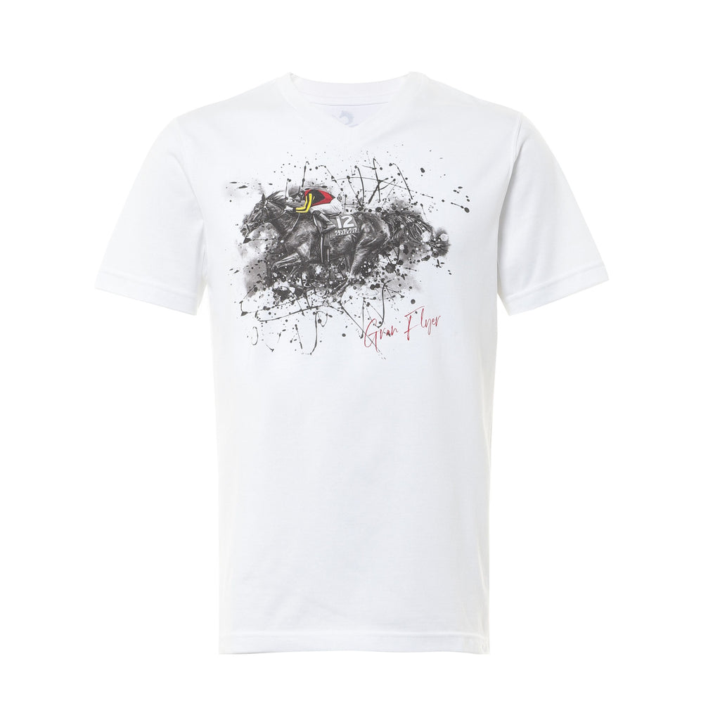 GRAN FLYER Tシャツ ホワイト｜グランアレグリアを描いた尾花龍一デザインの競馬アートTシャツ（Made in Japan・316枚限定）