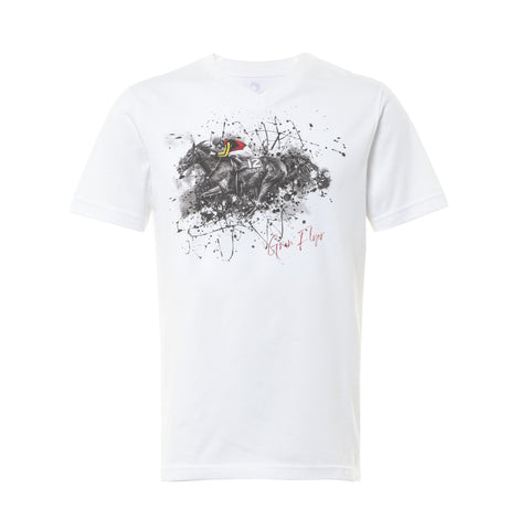 GRAN FLYER Tシャツ ホワイト｜グランアレグリアを描いた尾花龍一デザインの競馬アートTシャツ（Made in Japan・316枚限定）